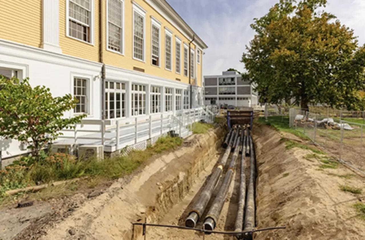 Newly laid distribution pipes next to the Davis Center