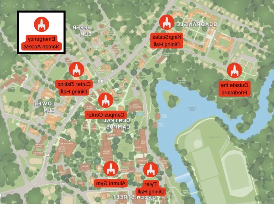 A map of the campus, showing where Narcan is found. Locations include Outside of the Friedman apartments, King/Scales dining hall, Cutter/Ziskind dining hall, the Campus Center, Tyler Dining hall, and the Alumnae Gym